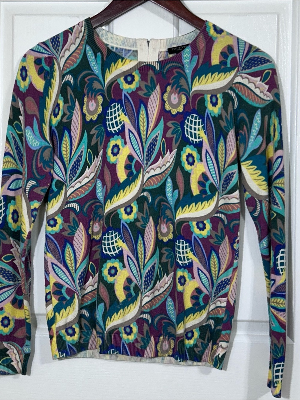 Talbots Petites "Boho Bloom" Floral Paisley Sweater Top Back Zipper Petite Small